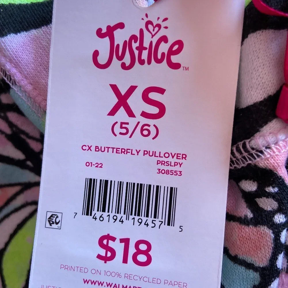 Justice Girls Pink/Black Half Zip Sweatshirt Size XS Long Sleeve Butterfly Print